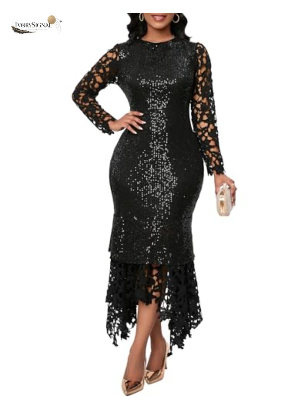 Sequin Maxi Evening Dress Mermaid Long Sleeve Party Gown